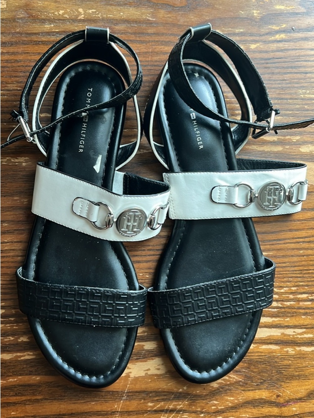 Tommy Hilfiger Black and White Leather Ankle-Strap Sandals with Logo Accent